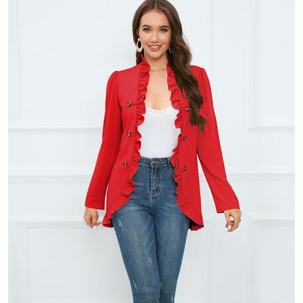 Kvinners Ruffled Lapel Knappelukking Jakke Red S