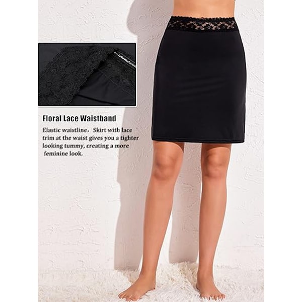 Halvunderkjol för kvinnor Underskirt Short Mini kjol med blommig spets midjeband black M