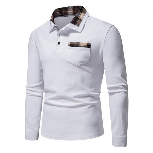 Långärmad rutig lapptröja för män Lapel Casual Shirt White S