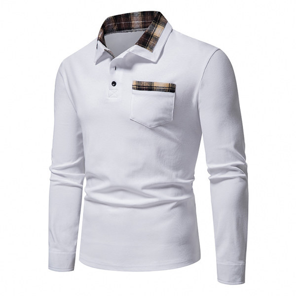 Mænds Langærmet Plaid Patchwork Lapel Casual Skjorte White M