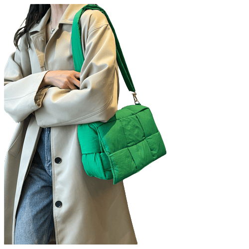 Dunjacka axelväska Nylon vadderad vävd handväska, damer dunplånbok Green