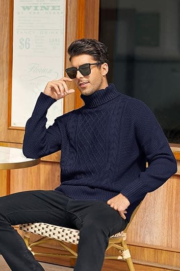 Herrar Turtleneck Tröja Kabel Stickad Vintertröjor Dark Blue M