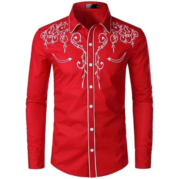 Herrar Western Cowboy Skjorta Mode Slank Passform Design Red 3 M