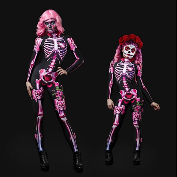 Kvinnor Bodycon Halloween 3D Skeleton Skull Bone Printed black pink M
