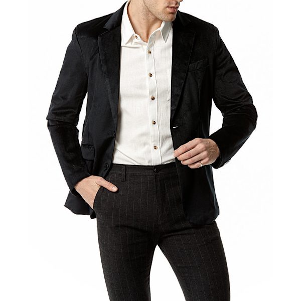 Slim Fit V-ringad sammetsjacka med två knappar för män Black L