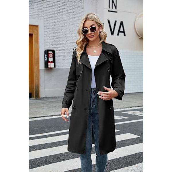 Dame Lang Dobbeltbrystet Trenchcoat med Bælte Black M