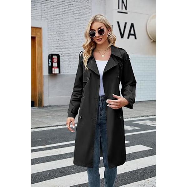 Kvinners dobbeltbrystet lang trenchcoat med belte Black M