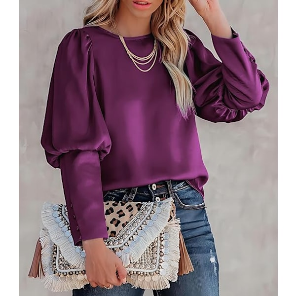 Satinbluse med Puff-ermer for kvinner - Avslappet og løs topp Purple M