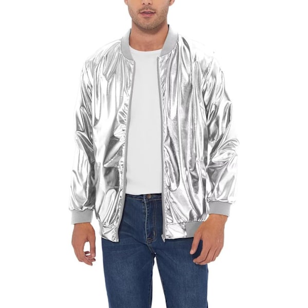 Mænds Metallic Jakke 70'er Disco Julefest Varsity Jakke Silver XS