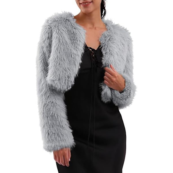 Kvinnors Mode Klippt Konstpälsjacka Långärmad Öppen Fram Kort Kavaj Grey XL