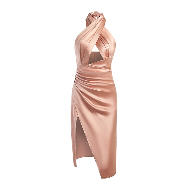 Kvinnors Halter Neck ärmlös sexig delad Cocktail Party Midiklänning champagne M