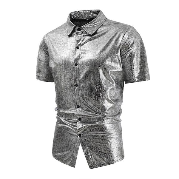 Menn Metallic Kortsermet Skjorte Disco Nattklubb Fest T-skjorter Silver XL