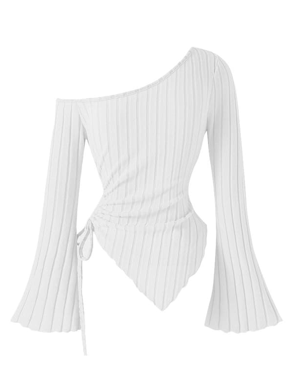 Langærmet damebluse med bare skuldre og asymmetrisk top white 2XL