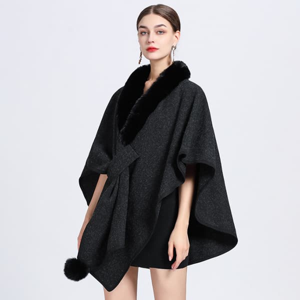 Faux Fur Trim Cardigan Kappe Sjal til Efterår Vinter Black