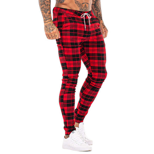 Mænds Chino Bukser Skinny Fit Plaid Stilfulde Casual Business Dress Bukser Red M