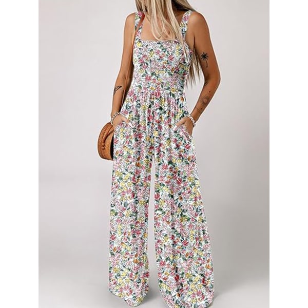 Dame Casual Løse Overalls Jumpsuits Enkeltstykke Ærmeløs Trykt Bredbenet Bukser white L