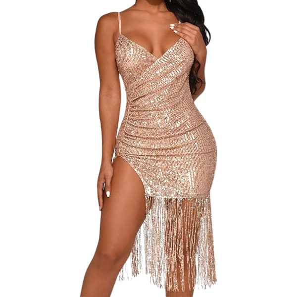 Dam Tofs Deep V Dress Paljett Bodycon Clubwear Champagne M