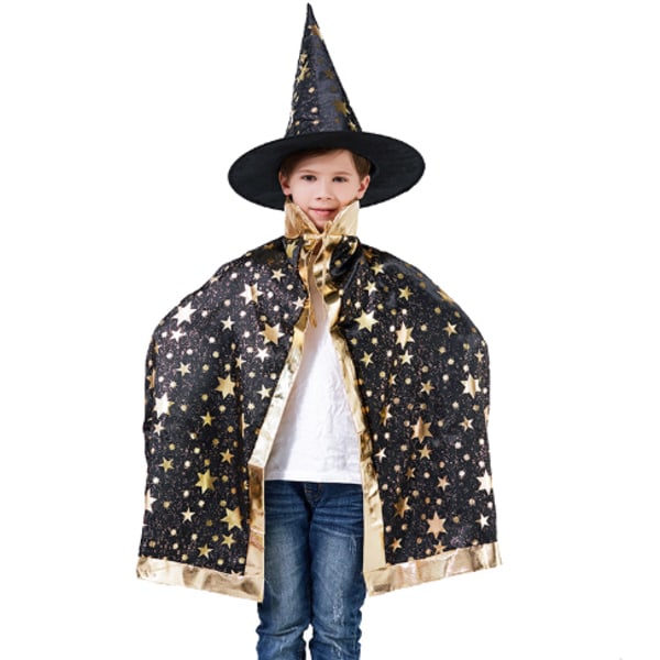 Trollkarl Cape med hatt, Halloween barn kostymer black