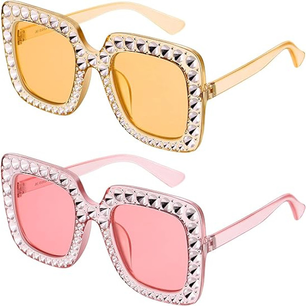 2 stk. Oversize Firkantede Glitrende Solbriller Retro Tykke Ramme Solbriller Yellow+Pink