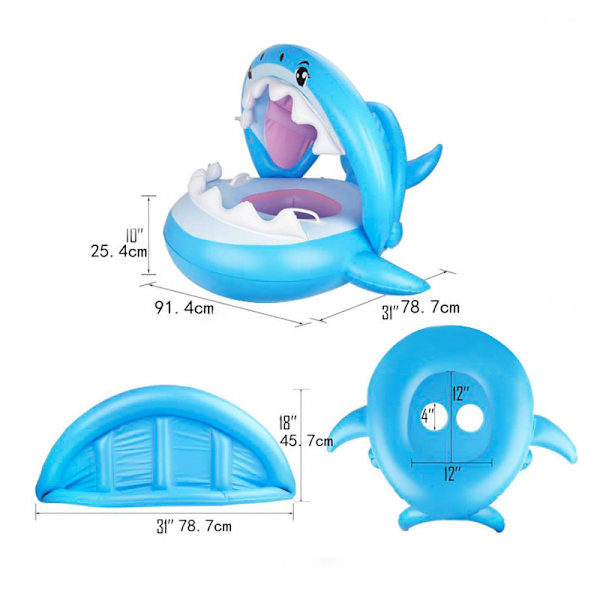 Baby Pool Float Uppblåsbar Shark Simflot med kapell blue