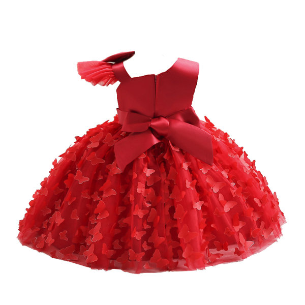 Flickor Tulle En-axlad Klänning, Toddler Bowknot Formell Fest Bröllop Tutu Klänning RED 90CM