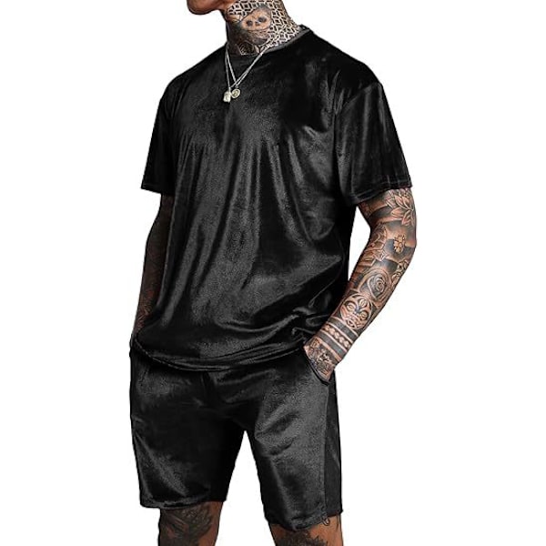 Män Velour Skjorta Pullover Shorts 2-Delad Outfit Spårkostym Black M