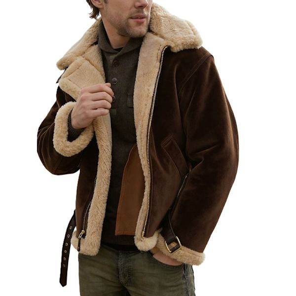 Faux Shearling Läder Bomberjackor för Män, Varma Vinterjackor Brown S