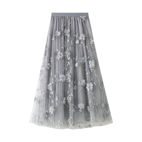 Damkjol Midi-kjol med Blommor Hög Midja A-linje Söt Lagerad Fe-Mesh Tulle Plisserad Kjole Grey