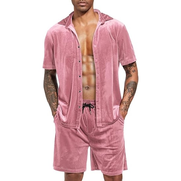 Menn Casual Shortssett Fløyel Kort Erme Knapp Ned Skjorte 2 Deler Antrekk Treningsdrakt Pink 3XL