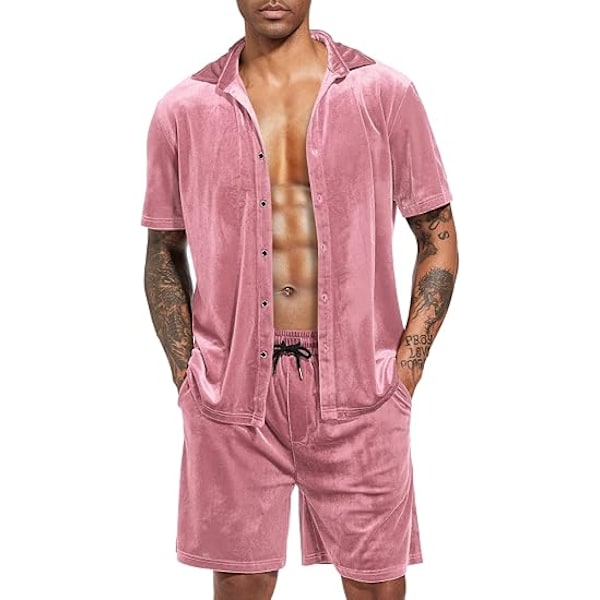 Miesten rento lyhyt setti sametti lyhythihainen napitettu paita 2 osainen asu urheiluasu Pink XL
