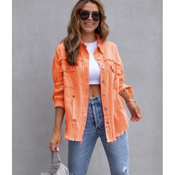 Mid-længde Hul Løstsiddende Denimjakke Kvinde Orange L