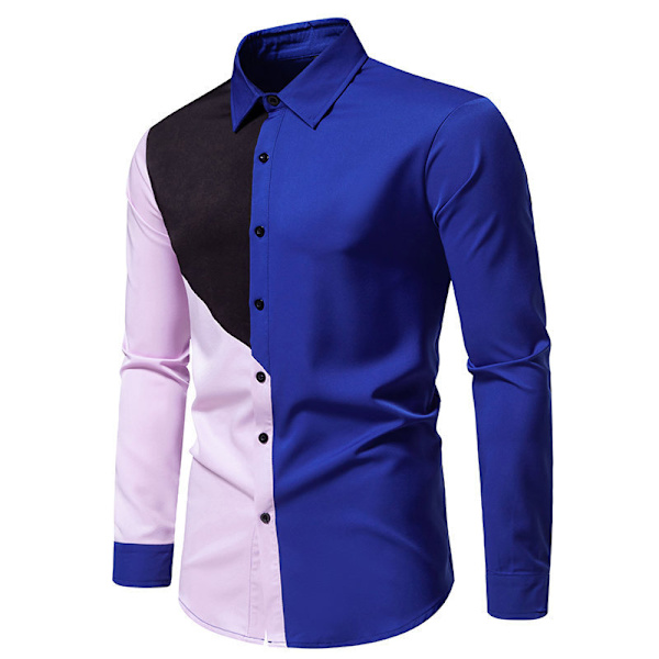 Menn's Lapel Business Skjorte med Fargeblokker Blue M
