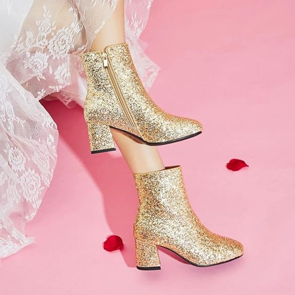 Dampaljetter Glitter Chunky Heel Ankel Boots Gold 36