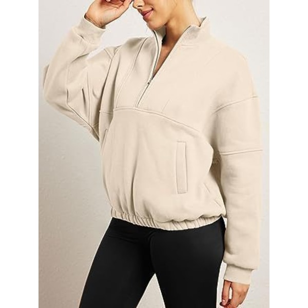 Dame Langærmet Lapel Halv Zip Up Sweatshirt Beige XL