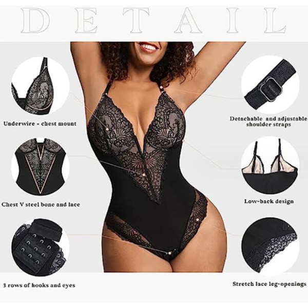 Lace Shapewear Body for Kvinner - Magekontroll Body Black 3XL