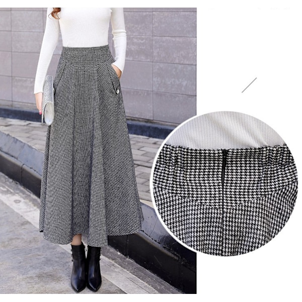 Kvinnors Höst Vinter Högmidjad Ull Rutig A-linje Lång Kjol Grey 2XL