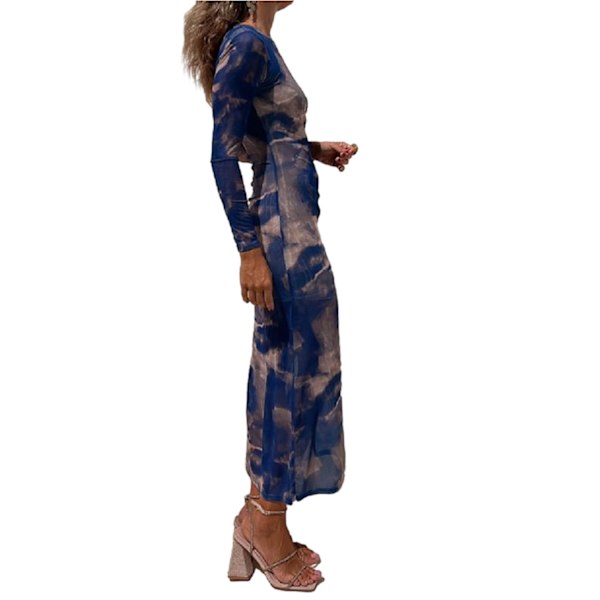 Sexy Langærmet Split Lang Kjole til Kvinder med Print Dark blue XL