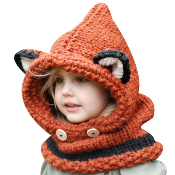 Barn Vinter Stickad Huva Scarf Beanies Cartoon Cap orange S