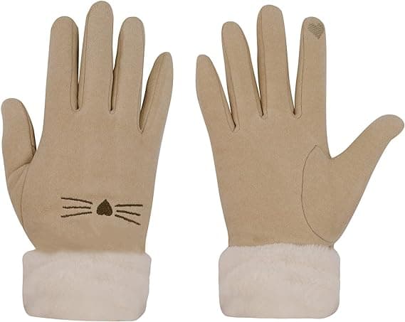 Dame Suede Handsker Søde Kat Fleeceforet Varme Handsker Beige