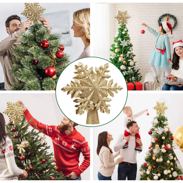 3D Hollow Glitter Lighted Gold Snow Tree Topper Gold Snowflake