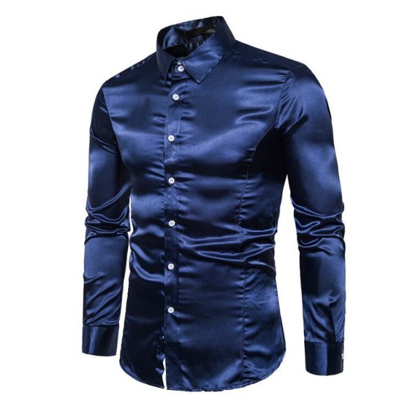 Casual enfärgad glänsande långärmad tröja för män Blue xl