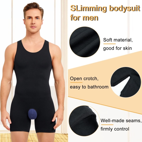 Mænds Ærmeløs Full Body Shaper Bodysuit Shapewear Black XS/S
