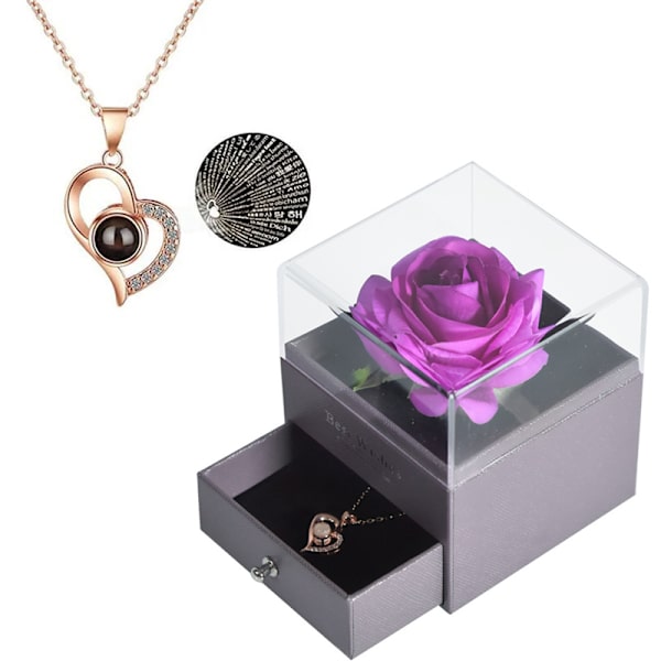 Bevarad äkta ros med I Love You-halsband på 100 språk Purple