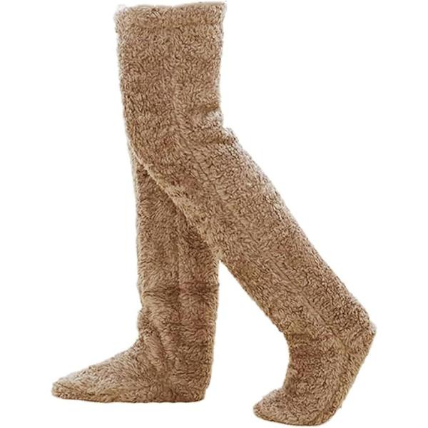 Mysiga Sockor, Knähöga Toffelsockor, Damvinterstrumpor Över Knäet, Fuzzy Långa Strumpor Khaki