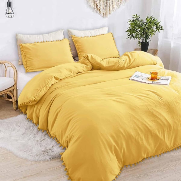 Pom Pom -reunallinen peittosetti 3 osaa, boheemi mikrokuitu Yellow Queen-228*228cm