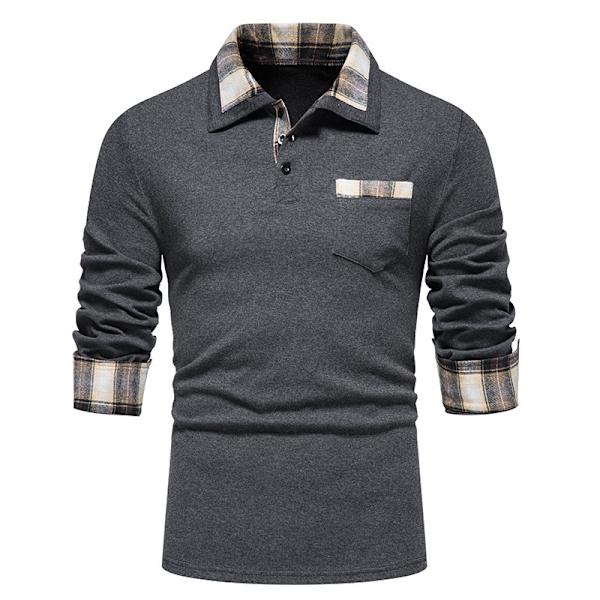 Mænds Langærmet Plaid Patchwork Lapel Casual Skjorte Dark Gray M