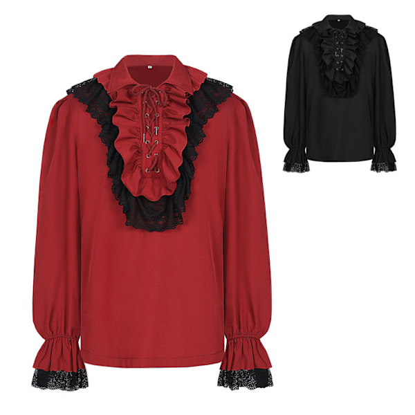 Herre Pirat Skjorte Flæse Renaissance Victorian Vampire Poet Skjorter Red 2XL
