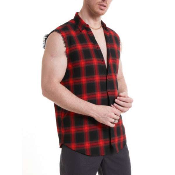 Ermeløs rutete skjorte med knapper for menn, avslappet flanellvest red M