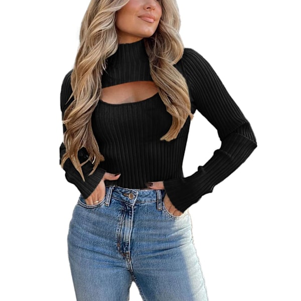 Dam 2-delad Utskuret Topp Långärmad Mock Neck Ribbstickad Vintertröja Black XL