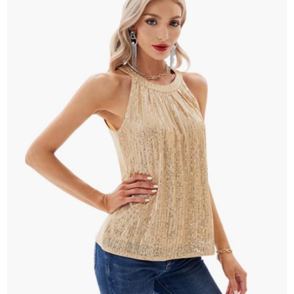 Kvindes Sequin Camisole Festlig Ærmeløs Skjorte Gold M
